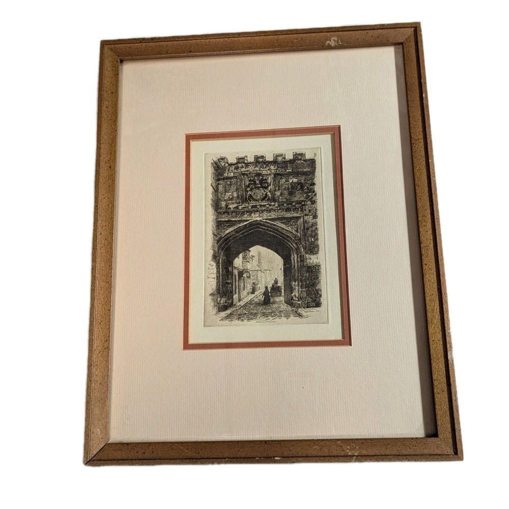 Antique William Brown Etching Salisbury High Street Gate Cathedral Close 17.5x14